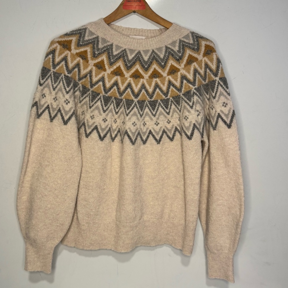 Caslon Fair Isle Knit Sweater Sz S | Nordic Cream Pullover with Mustard & Gray